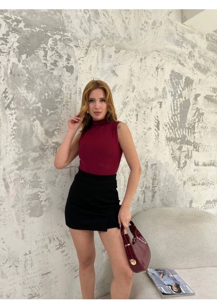 Kolsuz Yarım Bağazlı Badi Bluz - Bordo