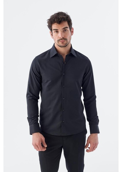 Siyah Slim Fit Polikat Gömlek