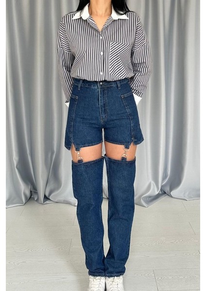 Mavi Askılı Iki Parça Jeans Pantolon