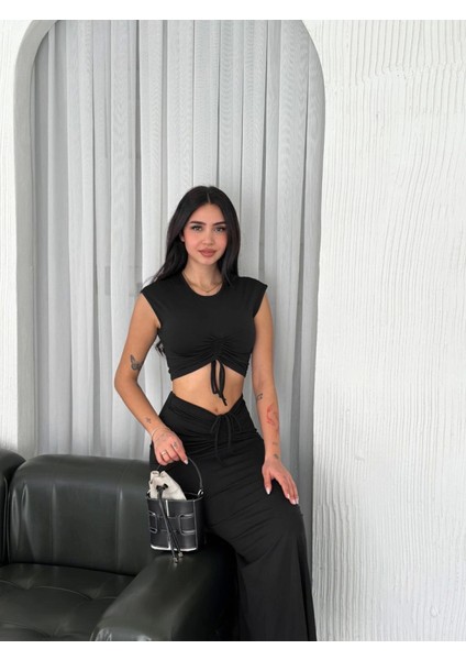 Osy Modal Yumuşak Dokulu Kumaş Büzgülü Crop Etek Takım - Siyah