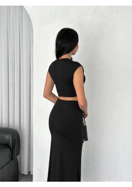 Osy Modal Yumuşak Dokulu Kumaş Büzgülü Crop Etek Takım - Siyah