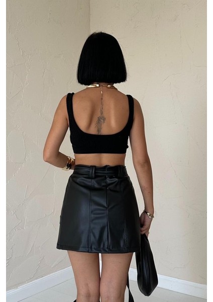 Siyah Kemerli Mini Deri Etek
