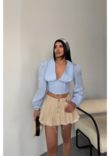 Crop Poplin Gömlek Yaka Kenar Dantel Detaylı - Bebe Mavi