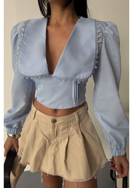 Crop Poplin Gömlek Yaka Kenar Dantel Detaylı - Bebe Mavi