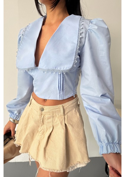 Crop Poplin Gömlek Yaka Kenar Dantel Detaylı - Bebe Mavi