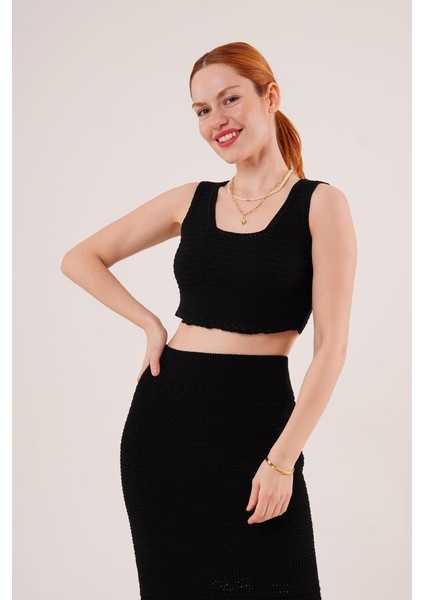 Örme Detaylı Etek ve Bluz Siyah Takım