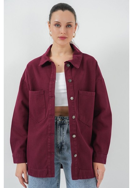 20192 Oversize Gabardin Gömlek Ceket - Bordo