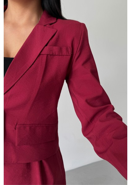 Crop Ceket - Kısa Etek Takım - Bordo