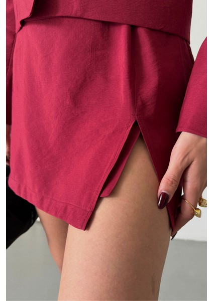 Crop Ceket - Kısa Etek Takım - Bordo