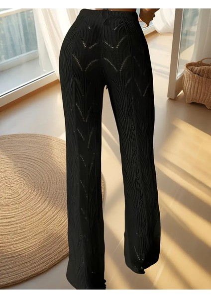 Kadın Yüksek Bel Bağcıklı Desenli Triko Plaj Pantolon