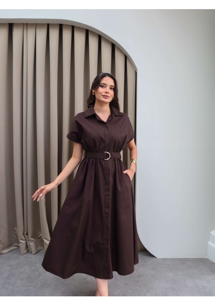 Kısa Kollu Poplin Kumaş Kuşaklı Gömlek Elbise