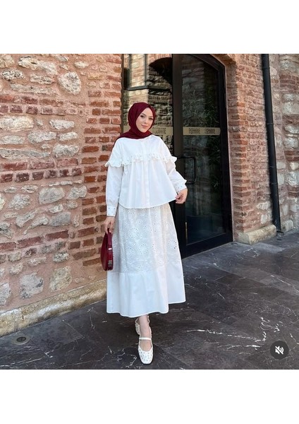 Butik Küpür Kumaş Beli Lastikli Taşlı Önden Düğmeli Manşetli Etekli Takım modelleri