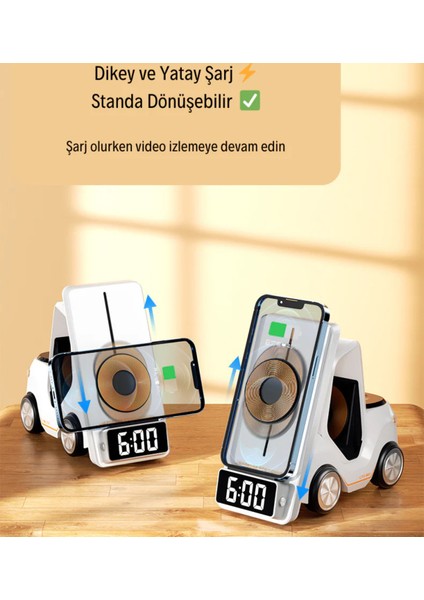 T20 15W Dijital Saatli Forklift Şekli 5in1 Masaüstü Kablosuz Magsafe Şarj Standı