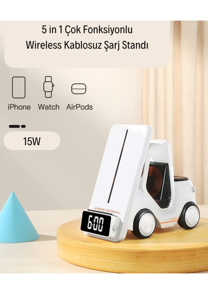 T20 15W Dijital Saatli Forklift Şekli 5in1 Masaüstü Kablosuz Magsafe Şarj Standı