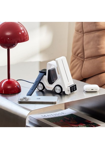 T20 15W Dijital Saatli Forklift Şekli 5in1 Masaüstü Kablosuz Magsafe Şarj Standı