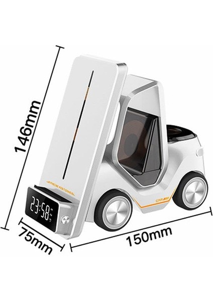 T20 15W Dijital Saatli Forklift Şekli 5in1 Masaüstü Kablosuz Magsafe Şarj Standı