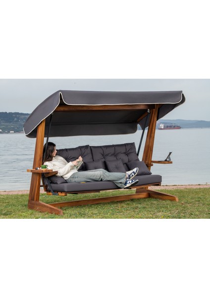 Luna Deluxe 2600 Iroko Beş Kişilik Ahşap Bahçe Salıncağı Antrasit
