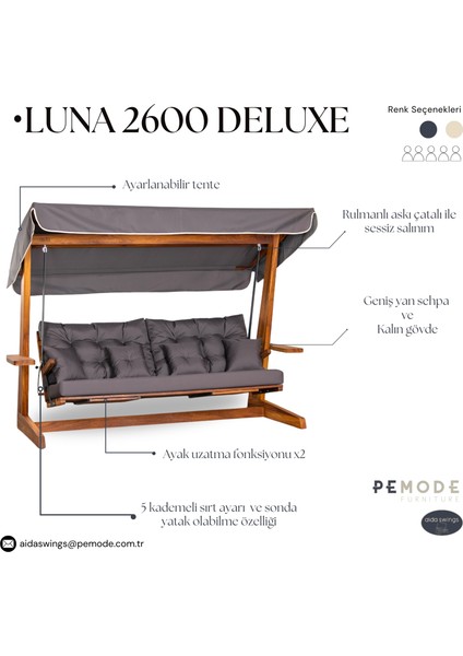 Luna Deluxe 2600 Iroko Beş Kişilik Ahşap Bahçe Salıncağı Antrasit