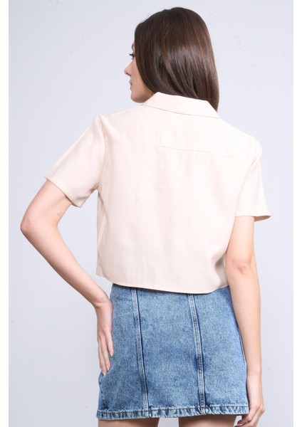 Çetinkaya Fithit 1402 Kadın Kısa Kol Tencel Bel Bağlamalı Crop Gömlek Vizon
