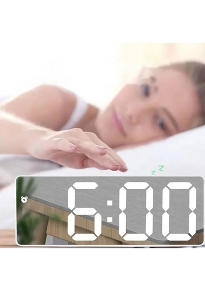 Masa Saati LED Dijital Termometre Alarm Ses Kontrolü Aynalı Takvim Gece Modu