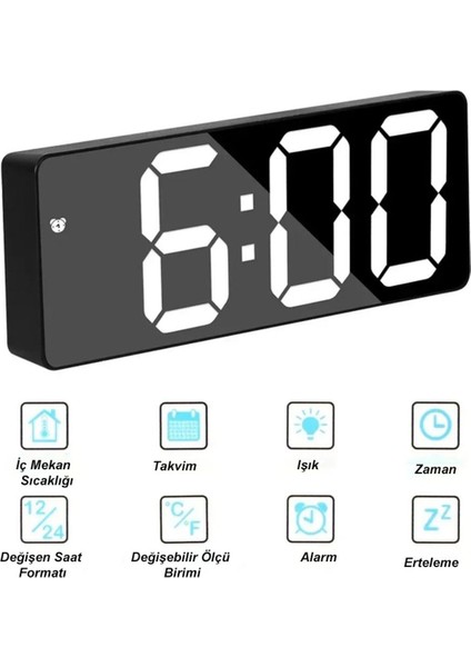 Masa Saati LED Dijital Termometre Alarm Ses Kontrolü Aynalı Takvim Gece Modu