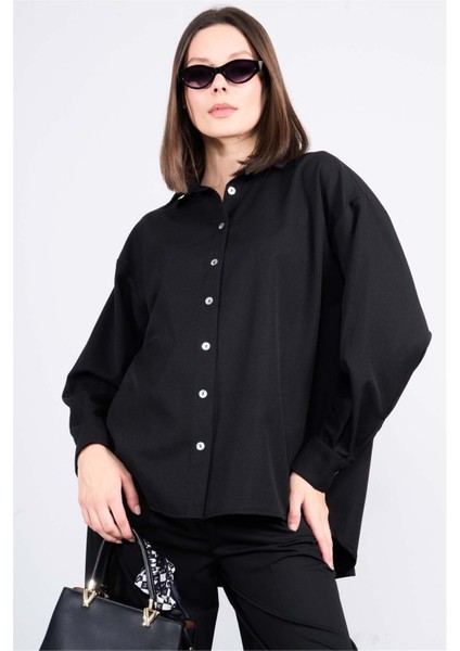 Çetinkaya Fithit 1417 Kadın Uzun Kol Oversize Gömlek Siyah