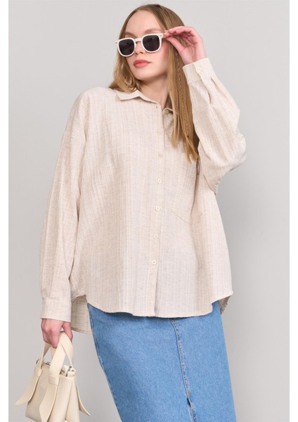 Çetinkaya Fithit 1333 Kadın Uzun Kol Maya Keten Oversize Gömlek Natural