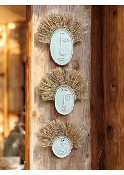 Soyut Yüz 3lü Beton Duvar Süsü, Doğal Rafya