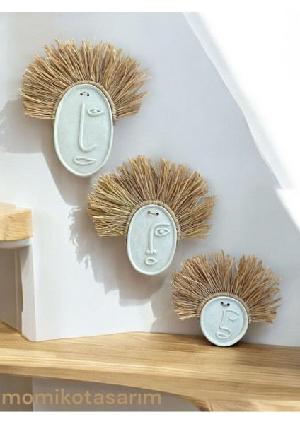 Soyut Yüz 3lü Beton Duvar Süsü, Doğal Rafya fiyatları