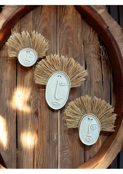 Soyut Yüz 3lü Beton Duvar Süsü, Doğal Rafya modelleri