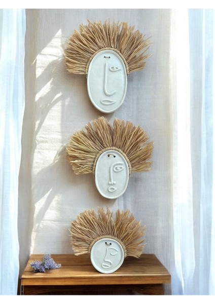 Soyut Yüz 3lü Beton Duvar Süsü, Doğal Rafya fırsatları