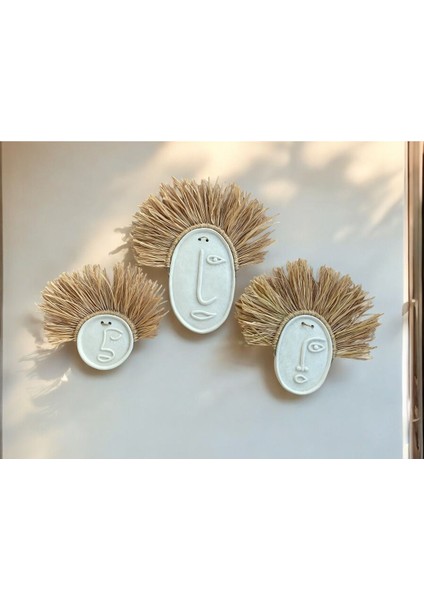 Soyut Yüz 3lü Beton Duvar Süsü, Doğal Rafya indirimleri