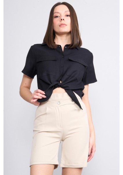 Çetinkaya Fithit 1402 Kadın Kısa Kol Tencel Bel Bağlamalı Crop Gömlek Siyah