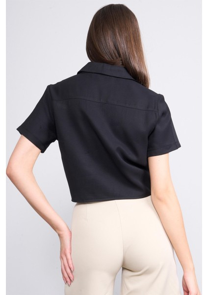 Çetinkaya Fithit 1402 Kadın Kısa Kol Tencel Bel Bağlamalı Crop Gömlek Siyah