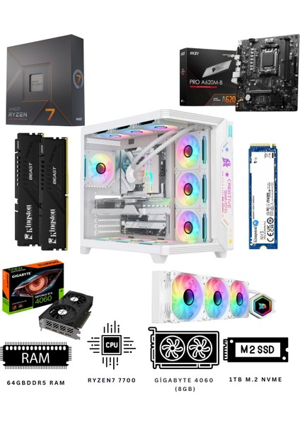 White Crystal 64X Ryzen 7 7700 64GB Ddr5 1tb Nvme M.2 RTX4060 Ekran Kartlı Oyuncu Bilgisayarı