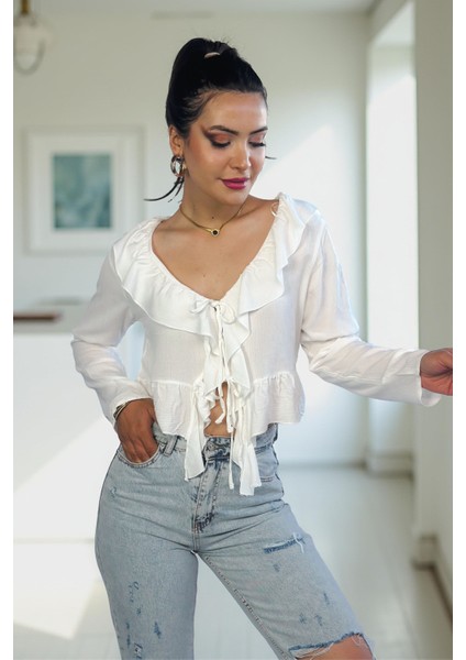 Kadın Regular Fit Bağlamalı Krinkıl Viskon Uzun Kollu Bluz ,kadın Önü Bağlamalı Bluz