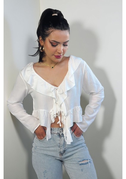 Kadın Regular Fit Bağlamalı Krinkıl Viskon Uzun Kollu Bluz ,kadın Önü Bağlamalı Bluz