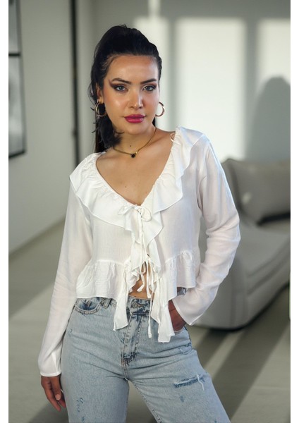 Kadın Regular Fit Bağlamalı Krinkıl Viskon Uzun Kollu Bluz ,kadın Önü Bağlamalı Bluz