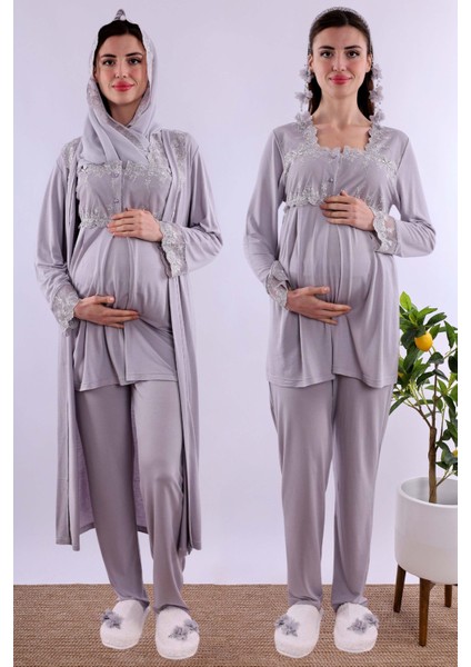 Lacivert Tesettürlü Uzun Sabahlıklı Hamile Lohusa Pijama Takımı BYL2T24072