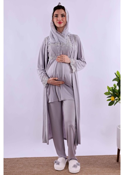 Lacivert Tesettürlü Uzun Sabahlıklı Hamile Lohusa Pijama Takımı BYL2T24072 fiyatları