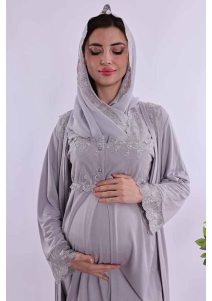 Lacivert Tesettürlü Uzun Sabahlıklı Hamile Lohusa Pijama Takımı BYL2T24072 indirimleri