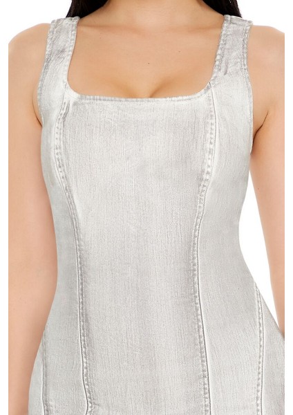 F21 Metalik Denim Mini Elbise