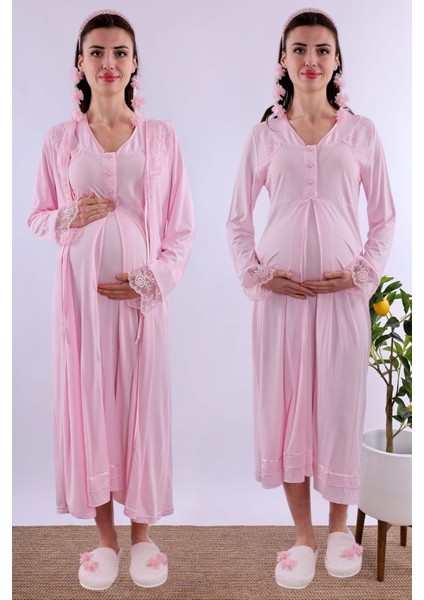 Pembe Sabahlıklı Hamile Lohusa Gecelik Takım BYL224252