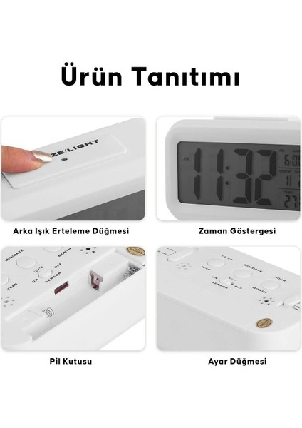 Dijital Alarmlı Çalışma Masası Saati LED Ekran Pilli Çalar Saat Beyaz Renk