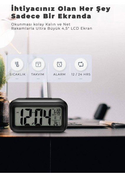 LCD Digital Ofis Alarmlı Çocuk Odası Dijital Uyku Masa Saati Pilli Siyah Saat