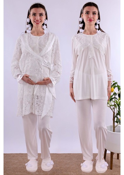 Ekru Dantelli Sabahlık Pijama Takımı BYL211202
