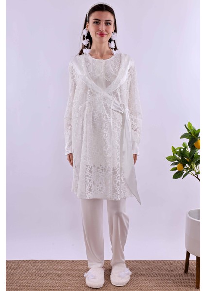Ekru Dantelli Sabahlık Pijama Takımı BYL211202 fiyatları
