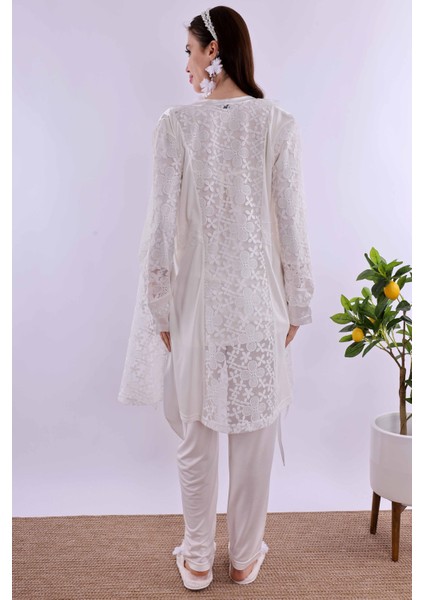 Ekru Dantelli Sabahlık Pijama Takımı BYL211202 modelleri