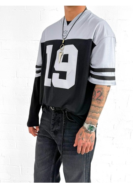 Erkek Sayı Nakışlı Oversize Forma Kumaş T-Shirt Siyah