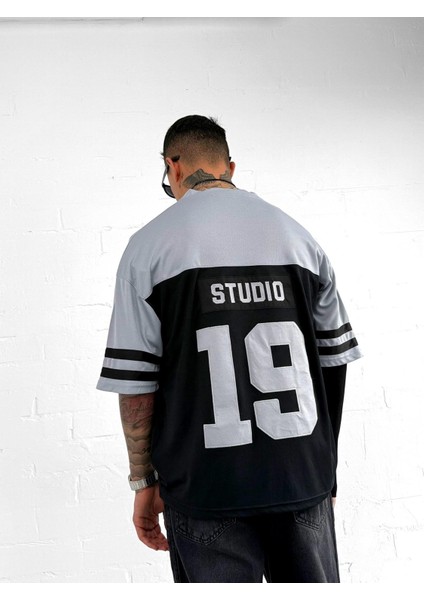 Erkek Sayı Nakışlı Oversize Forma Kumaş T-Shirt Siyah fiyatları